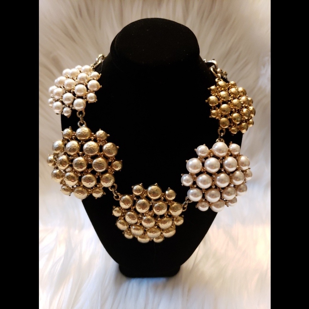 Gold and faux pearl cluster necklace